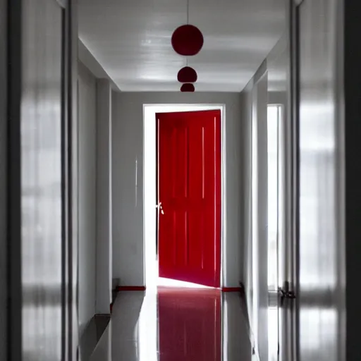 Image similar to an all white hotel hallways with a red door at the end, liminal space,