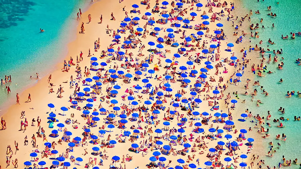 Prompt: photograph beachscapes satellite view imagery, Aerial view of beautiful sandy beach with hundreds of umbrellas and sea, Aerial of a crowded sandy beach with colourful 1970s umbrellas sun bathers and swimmers during summer, golden sand and clear blue sea, by Tommy Clarke and Joshua Jensen-Nagle