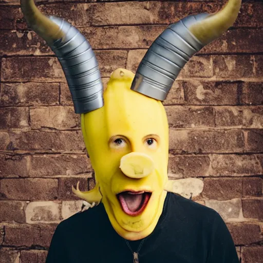 Image similar to a man with a banana horns coming out of his head, photography