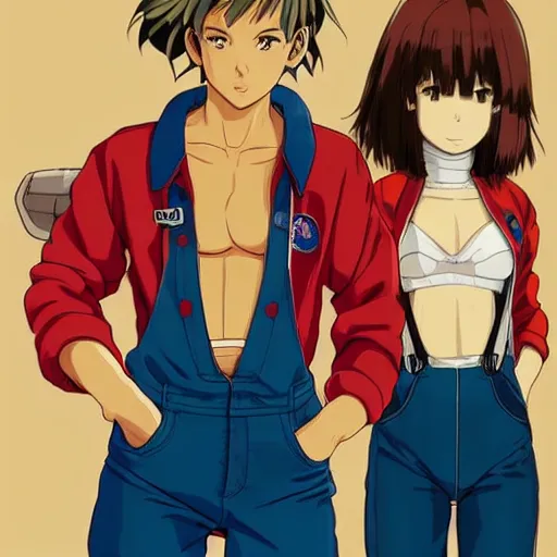 Image similar to a beautiful! boyish! natalie portman as bulma alluring gravure! model, wearing hip hop mayan bomber jacket and leotard with native style overalls, bulky poofy bomber jacket with mayan patterns, guilty gear art style, trending on pixiv, painted by makoto shinkai takashi takeuchi studio ghibli, akihiko yoshida