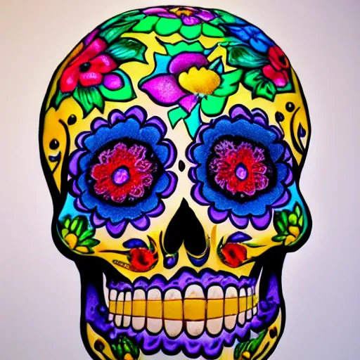 Image similar to beautiful dia de muertos sugar skull artwork on a real human skull, 1 6 k resolution, ultra realistic, highly detailed, colorful, festive