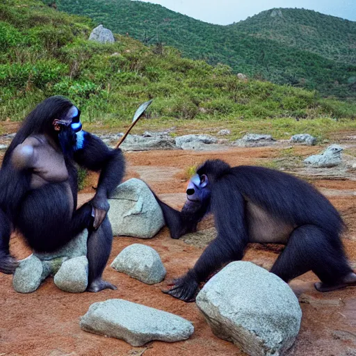 Prompt: The Rock killed by herd of pissed off chimpanzees holding spears