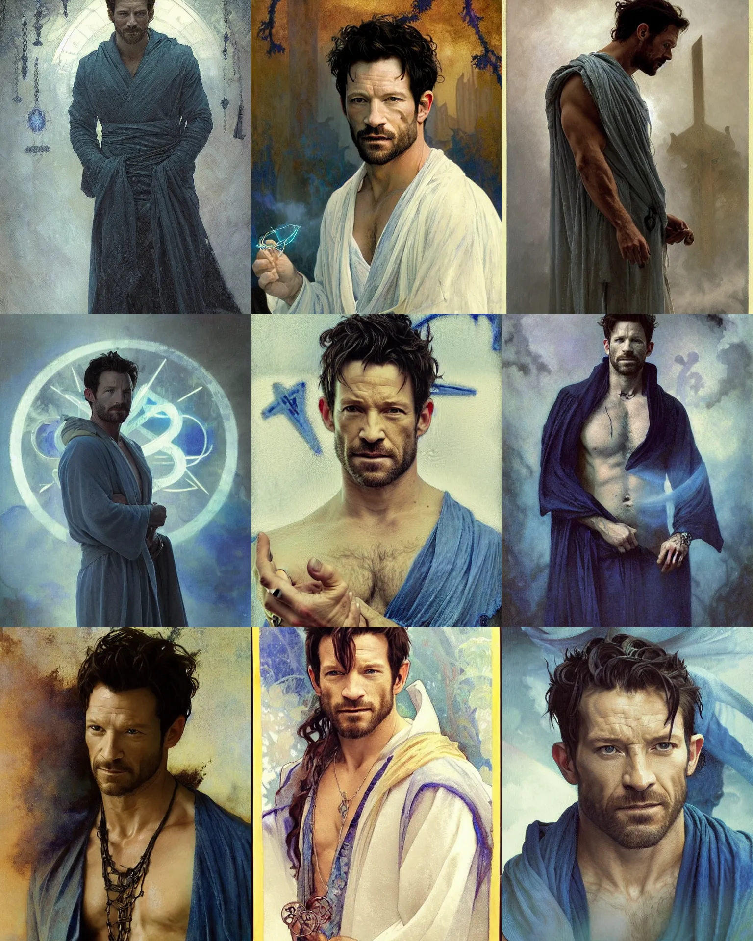 Prompt: portrait of ian bohen in blue robes and, runes, jewelry, mystical, ethereal, magical white fog, painting by greg rutkowski and alphonse mucha