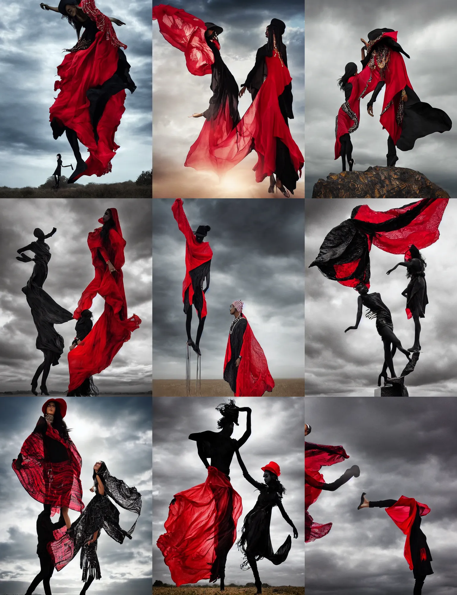 Prompt: portrait of couple fashionable young african iranian asian girl wearing rich jewerly hat and black and red and white gold boho poncho standing on extremely strong wind in elegant decollete, rodin Mikelandgelo sculpture, fog, dynamic pose, standing silhouette against the sun, thunder clouds in the sky, nature, illustration, intimidating lighting, incredible art by artgerm and greg rutkowski and kerembeyt and simon stalenhag