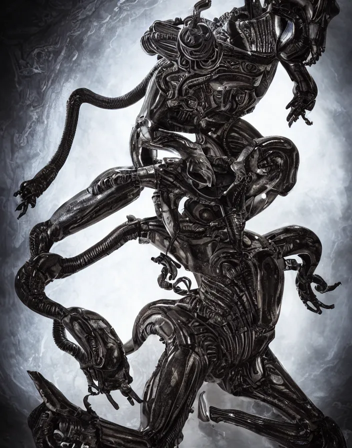 Image similar to engineer prometheus, xenomorph alien, highly detailed, symmetrical long head, smooth marble surfaces, detailed ink illustration, raiden metal gear, cinematic smooth stone, deep aesthetic, concept art, post process, 4k, carved marble texture and silk cloth, latex skin, highly ornate intricate details, prometheus, evil, moody lighting, hr geiger, hayao miyazaki, indsutrial Steampunk