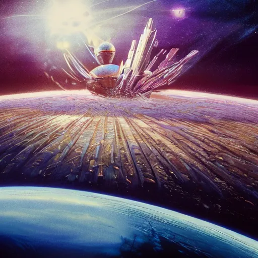 Image similar to dyson sphere in space, radiant core shining through, horizontal sun rays, intricate abstract, symmetry, unreal engine tech demo, golden hour, scifi, ( ( ( by robert mccall ) ) ) ( studio ghibli )