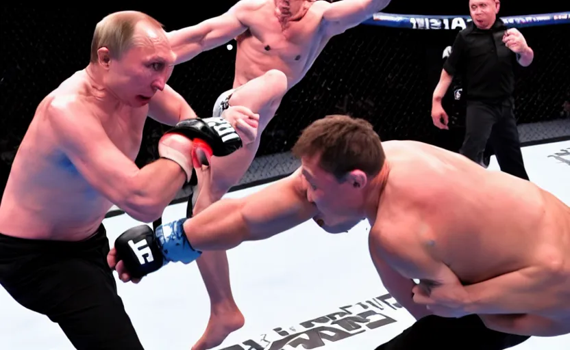 Prompt: Elon musk fighting Vladimir Putin in the MMA octagon, cinematic shot