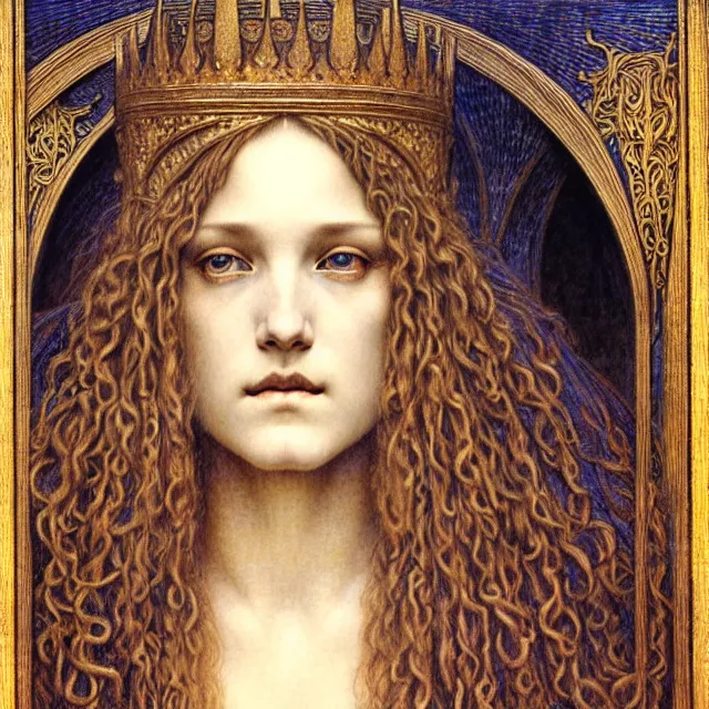 Image similar to detailed realistic beautiful young medieval queen face portrait by jean delville, gustave dore and marco mazzoni, art nouveau, symbolist, visionary, gothic, pre - raphaelite. horizontal symmetry