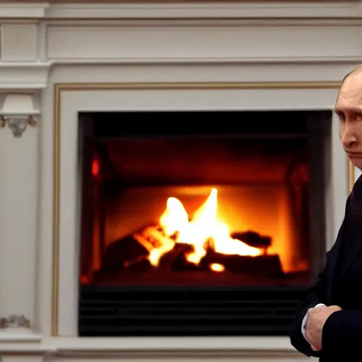 Image similar to vladimir putin looking into a log fire smirking reflections lighting