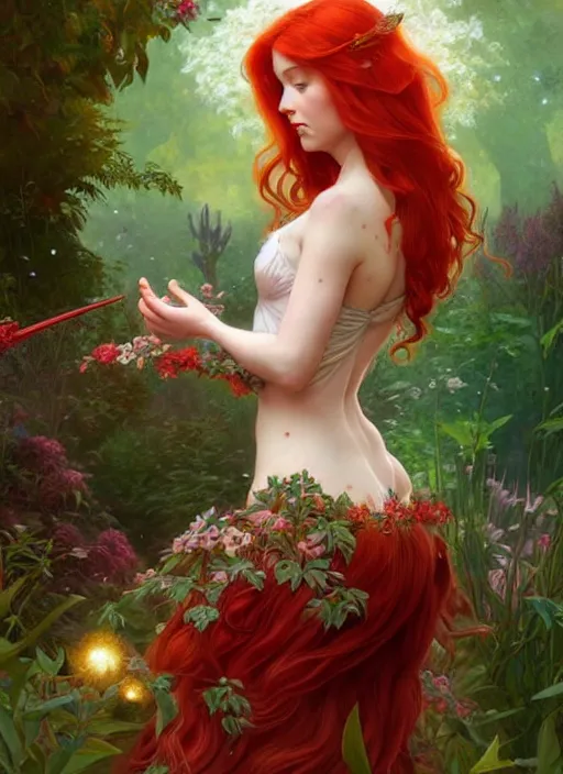 Image similar to a beautiful red haired woman as a fairy princess in a garden, deep focus, d & d, fantasy, intricate, elegant, highly detailed, digital painting, artstation, concept art, matte, sharp focus, illustration, hearthstone, art by artgerm and greg rutkowski and alphonse mucha