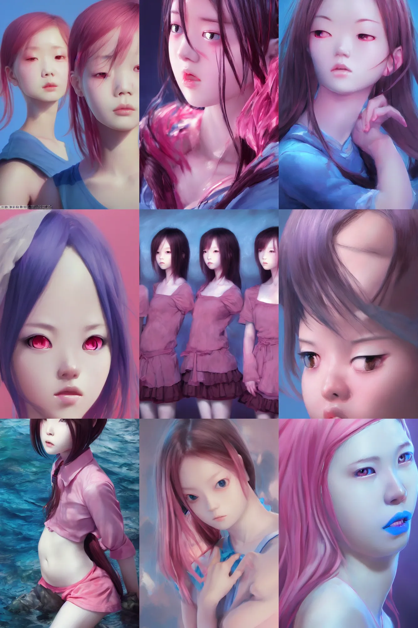 Prompt: 3d dark infrared octane render concept art by D. Jun, by Mo Xiang Tong Xiu, by Igarashi Daisuke, beauty portrait anime schoolgirls under dark pink and blue water. cute sad realistic face. dramatic deep light, trending on artstation, oil painting.