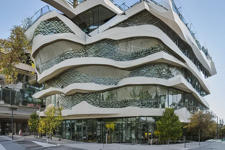 Image similar to a suburban office headquarters designed by gaudi