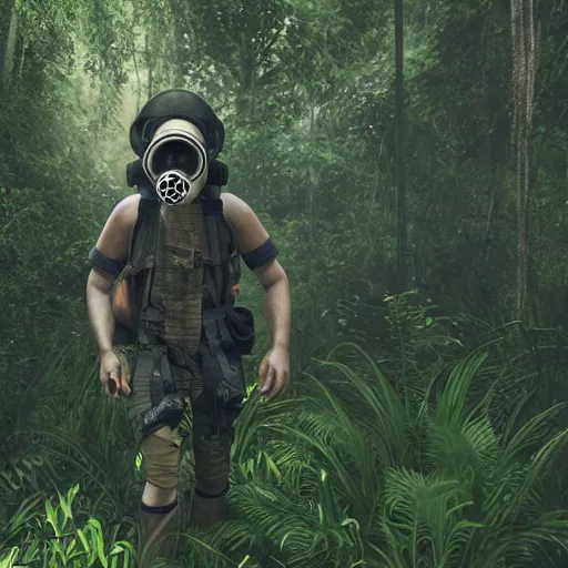 Prompt: a heavily equipped man wearing a gasmask, walking through a lush jungle, realistic octane render, ray traced, god rays, extremely high detail