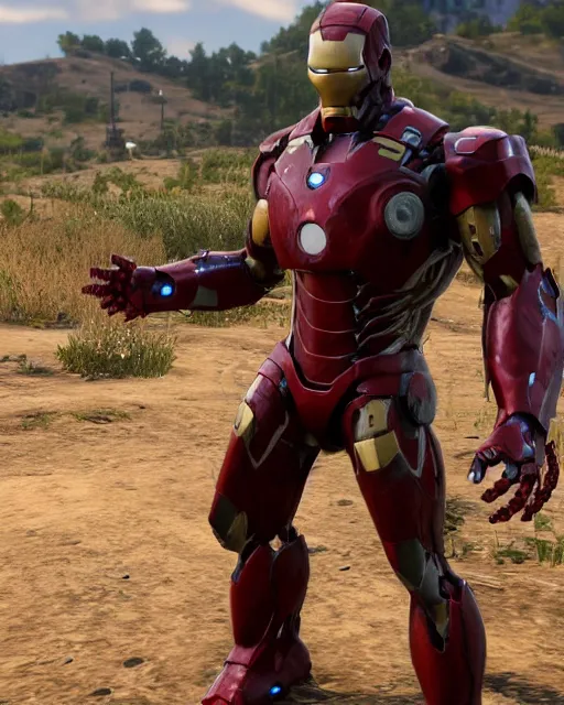 Image similar to robust and bulky iron man suit in red dead redemption 2, cinematic, photorealistic