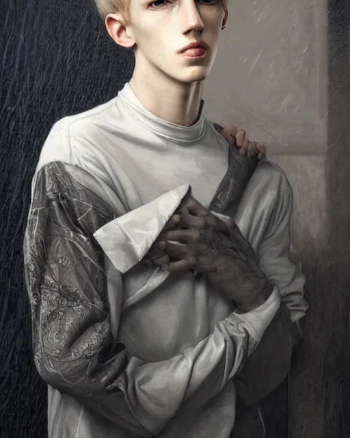 Image similar to portrait of 1 5 - year - old boy, a tall, slender boy with a pale, pointed face, sleek blond hair, and ice grey eyes, wearing black clothes, hyper realistic face, beautiful eyes, close up, fantasy art, in the style of greg rutkowski, intricate, alphonse mucha, hyper detailed, smooth