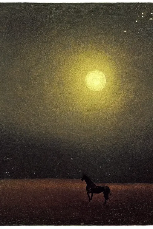 Image similar to black horse running through the starry nighty in a romantic night landscape, caspar david friedrich, arkhip kuindzhi, twilight