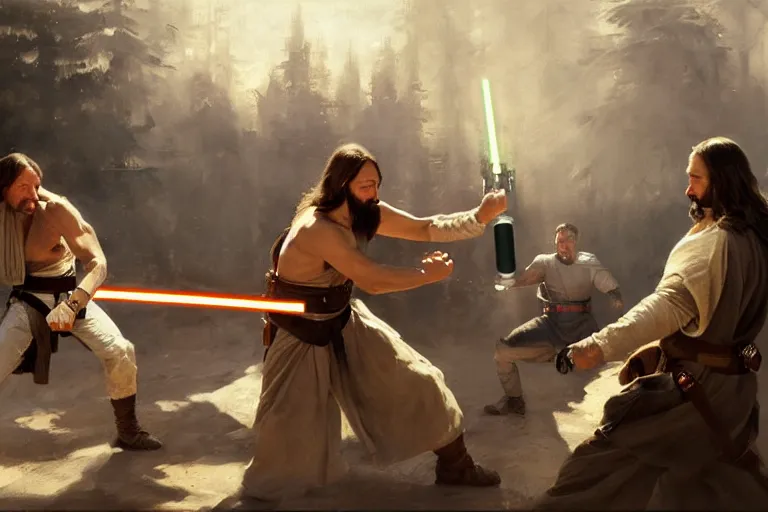 Prompt: putin and jesus christ fight with lightsabers from the star wars, fist fight, detailed faces, putin face, in battle by anders zorn, wonderful, masterpiece by greg rutkowski, beautiful cinematic light, by greg manchess, jessica rossier