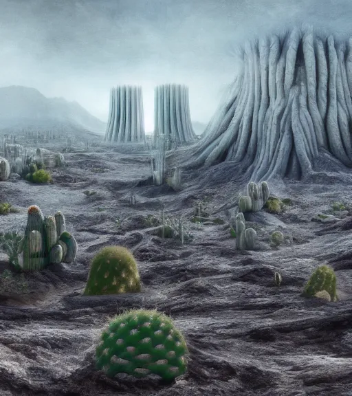 Prompt: surreal painting of an unfinished theory of a massive white inverted roots, futuritic high tech architecture, ancient epic towers in the mining tailings in the desert, biroremediation plant, foggy, patchy cactus, octane render, pale colors, high detail, 8 k, wide angle, trending on artstation, behance