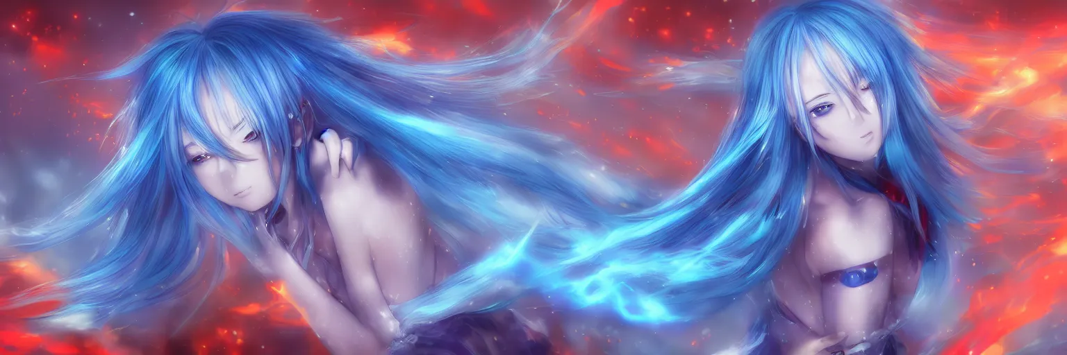 Image similar to advanced digital anime art, a very cute gorgeous teenage girl with a body made of fire and ice , full body, very long snow colored hair, sky blue highlights in hair, red fiery watery eyes, wearing a dress made of water, full round face, dramatic cinematic lighting, wideshot, highly intricately detailed, trending on pixiv, Artstation, painted by Rossdraws, in the style of Sakimimichan