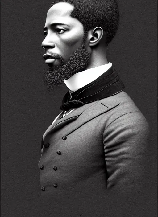 Prompt: 3 / 4 view of a portrait of a black man in victorian clothing, confident pose, intricate, elegant, sharp focus, illustration, highly detailed, concept art, matte, trending on artstation, anime, art by james jean and artgerm and brian despain and alberto mielgo, greg rutkowski, wlop, ilya kuvshinov, strong strokes