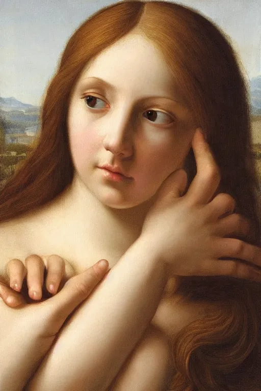 Prompt: hyperrealism extreme close-up portrait of many hands at beautiful medieval female goddess with long hair, pale skin, wearing dark silk, in style of classicism