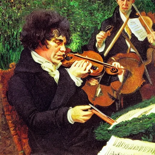 Image similar to beethoven smoking weed, conducting symphony by monet and peter bruegel