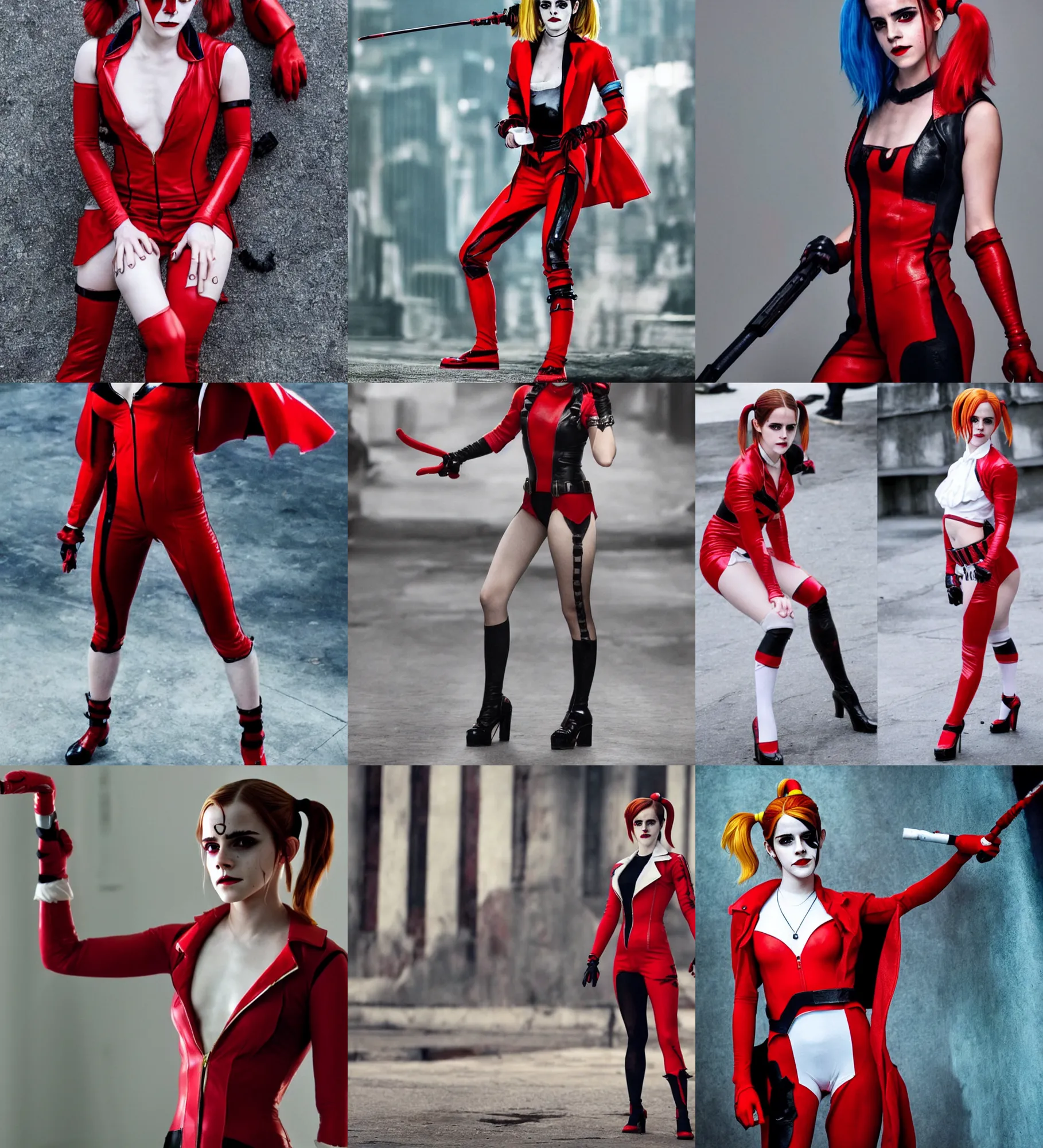 Prompt: Emma Watson cosplaying as Harley Quinn!!! in her signature red plugsuit , solo photoshoot , DSLR , wallpaper , cosplay , full body , cinematic 4K blu-ray , japanese live-action movie