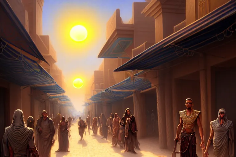 Image similar to a highly detailed crowded bazaar street in the desert city of tyr from the land of athas, amazing dark sun digital painting, by gerald brom, brom digital art, concept art, intricate details, ultra realistic, beautiful art, volumetric lighting, a blazing corona around the dark sun, by brom, trending cgsociety, artstation, rim lighting, 8 k