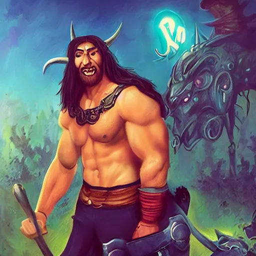 Prompt: a hyper realistic full body portrait of zany cartoon character brought to the real world, a combination of a beefy conan the barbarian and a warlock with a kind heart, in the background is a normal suburban backyard by Anato Finnstark, Jordan Grimmer, Ross Tran