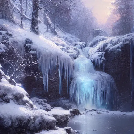 Prompt: !dream High quality painting of a frozen waterfall by Greg Rutkowski and Thomas Kinkade trending on artstation