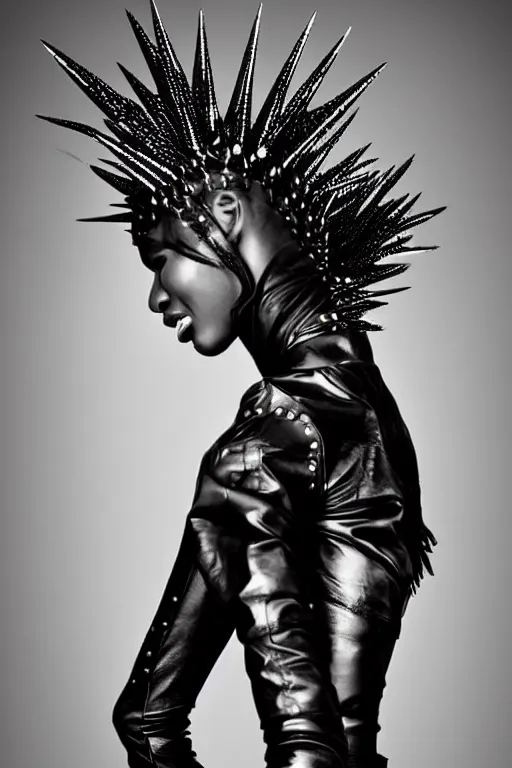 Image similar to an african woman in a black leather outfit with spikes on her head, a high fashion character portrait by christen dalsgaard, featured on behance, gothic art, androgynous, genderless, gothic