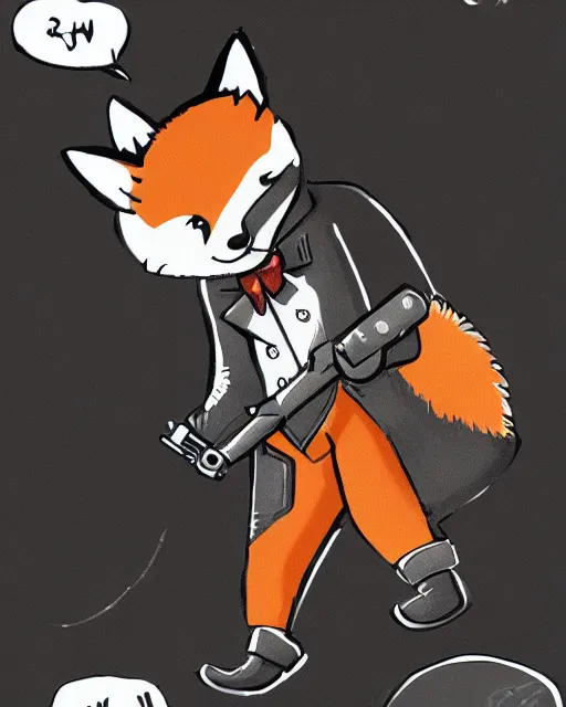 Image similar to a fox wearing a black trench - coat holding a diamond studded mini - gun, comic art style, digital art,