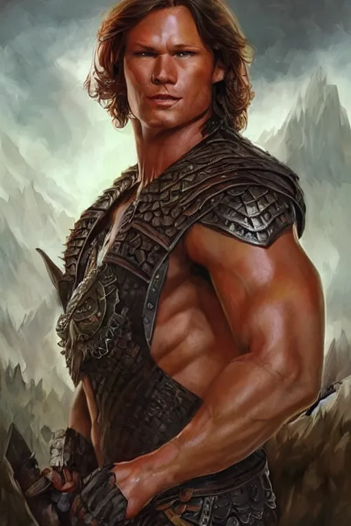 Image similar to portrait of pretty muscular sam winchester as a irish warrior mage alternative universe, muscular body tattooed, d & d!, fantasy style, sharp focus!, ultra detailed, art by artgerm and peter andrew jones, wlop