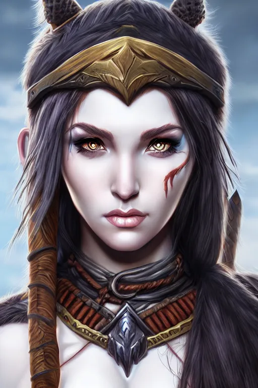 Prompt: head and shoulders portrait of a barbarian, female, high fantasy, dnd, extremely detailed, by artgerm