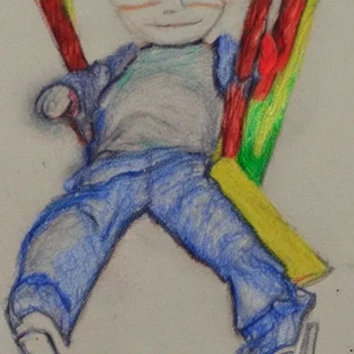 Prompt: children's illustration of a boy playing on a swing, coloured pencil