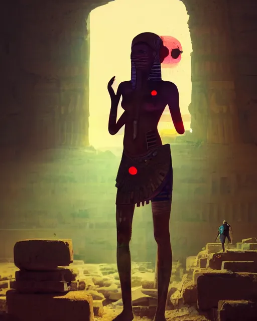 Image similar to android girl in egyptian ruins, ultra realistic, lens flare, atmosphere, glow, detailed, intricate, full of colour, cinematic lighting, trending on artstation, 4 k, hyperrealistic, focused, extreme details, cinematic, masterpiece, by ismail inceoglu