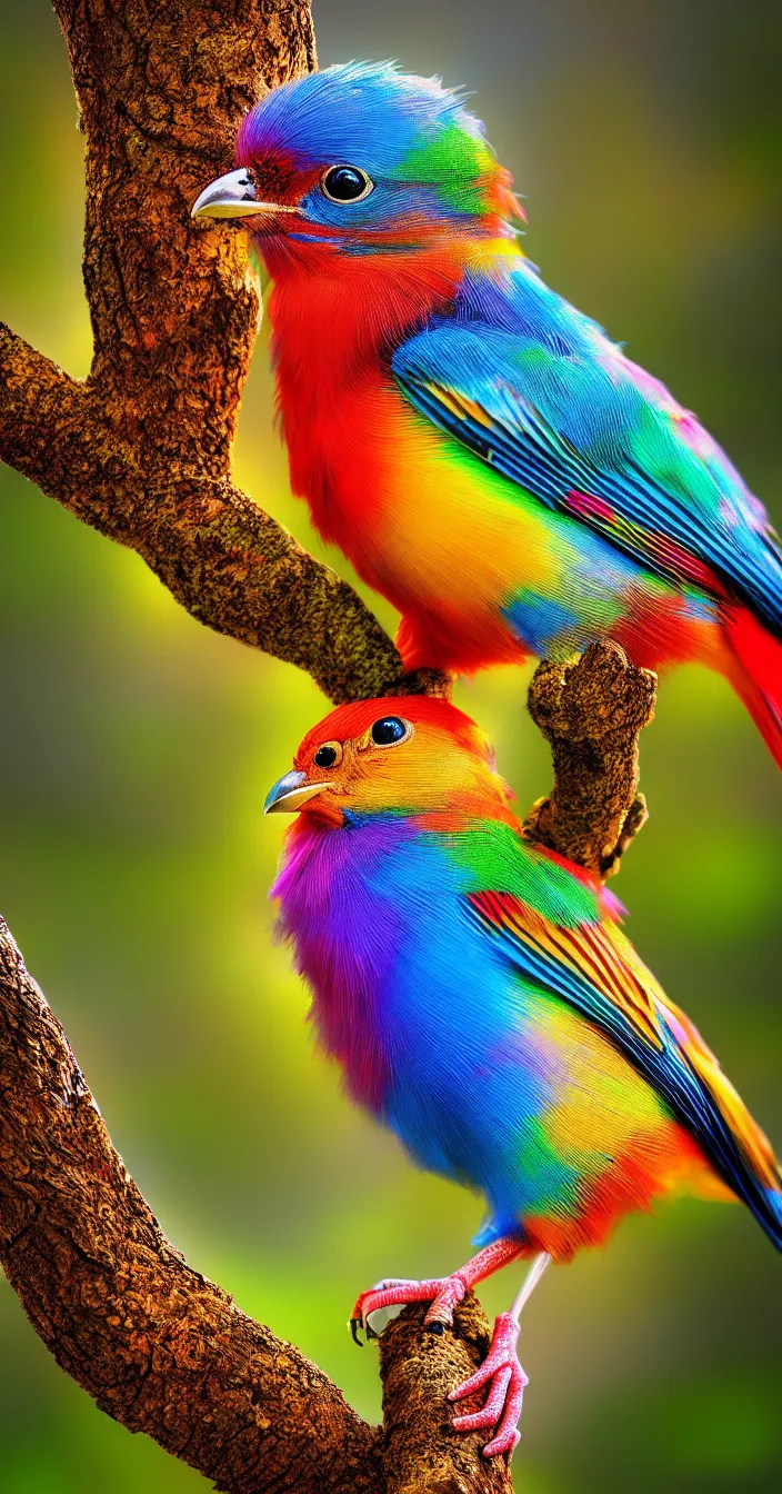 Image similar to realistic photo of multi colored bird sitting on tree, sharp focus, smooth background, cinematic lightening, wide angle shot, very hyper realistic, highly detailed, fantasy art station