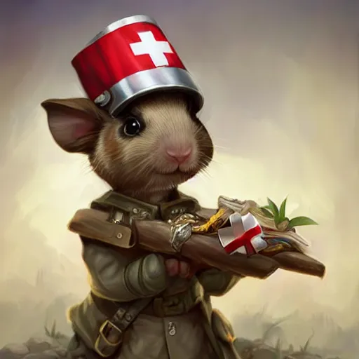 Image similar to cute little anthropomorphic Guinea Pig Field Medic, tiny, small, short, Modern Field medic with red cross, cute and adorable, pretty, beautiful, DnD character art portrait, matte fantasy painting, DeviantArt Artstation, by Jason Felix by Steve Argyle by Tyler Jacobson by Peter Mohrbacher, cinema