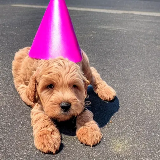 Prompt: photograph of a super adorable labradoodle pup with a pink party hat riding a skateboard