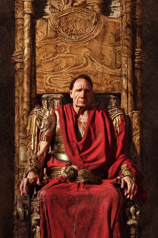 Prompt: a tired, lonely and broken julius caesar is sitting on his throne. face is highly detailed. splices of red are running down his toga. mist. color scheme red and gold. soft light. low angle medium shot. imagined by greg rutkowski.