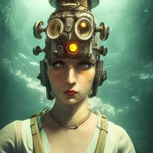 Image similar to underwater bioshock steampunk portrait, hyper detailed, digital art, cinematic lighting, studio quality, smooth render, unreal engine 5, octane rendered, art style by klimt and nixeu and ian sprigger and wlop and krenz cushart.