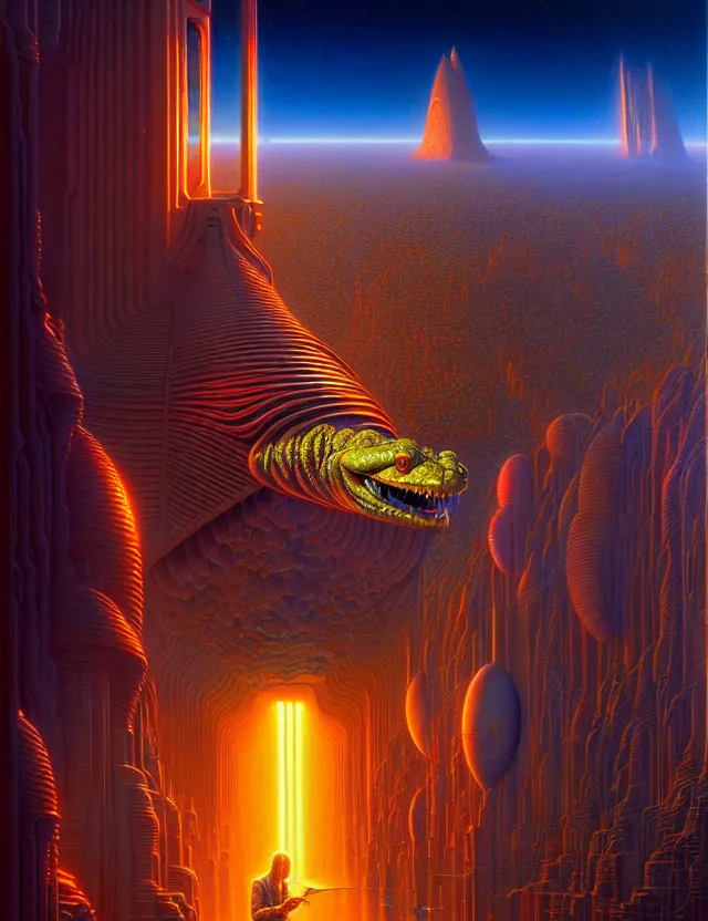 Prompt: being of art herpetologist, futuristic, tim hildebrandt, bruce pennington, donato giancola, trending on artstation, cinematic composition, beautiful lighting, hyper detailed, 8 k, oil on canvas