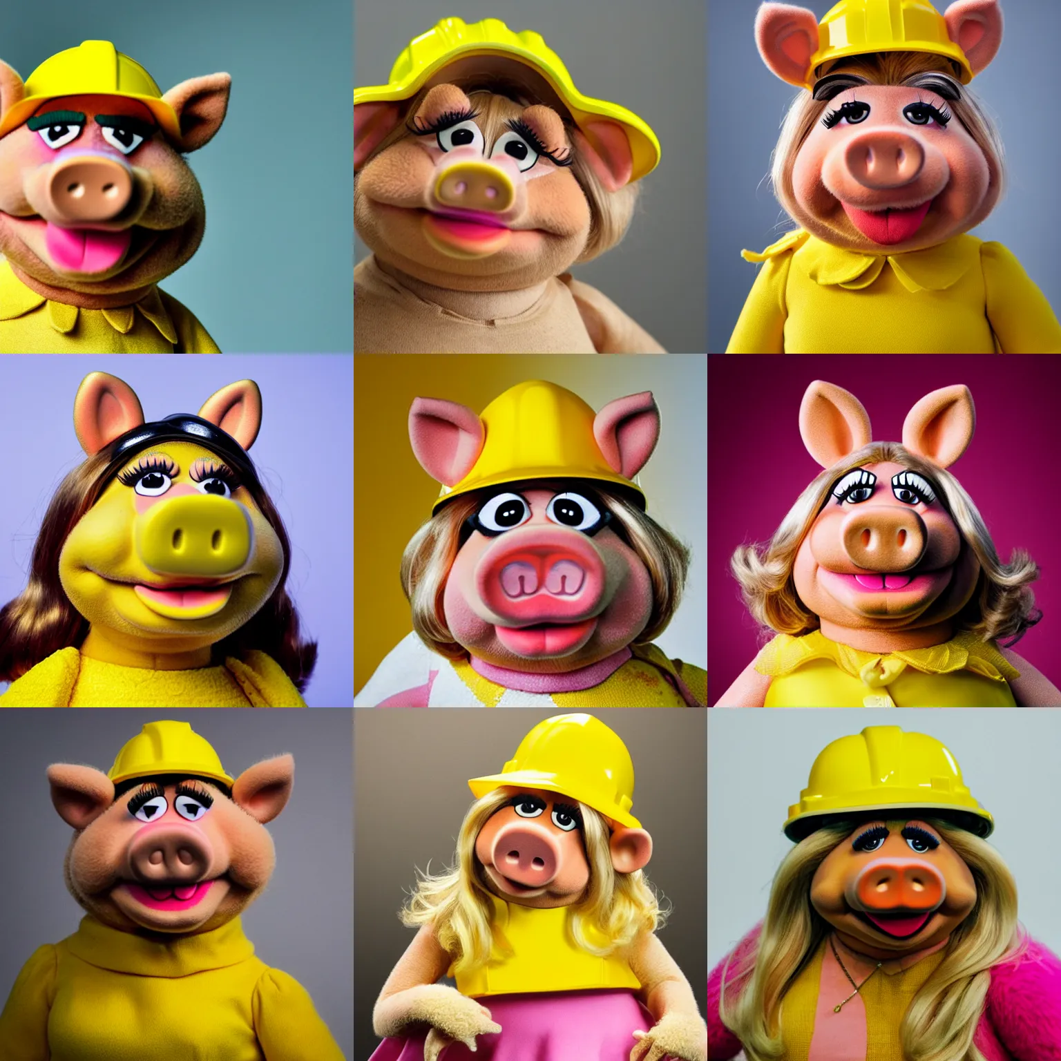 Prompt: close - up portrait of miss piggy wearing a yellow site helmet