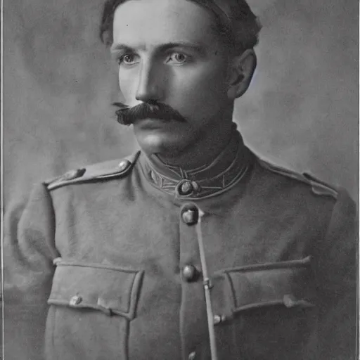 Image similar to late 1 9 th century, austro - hungarian!!! soldier ( handsome, 2 7 years old, redhead michał zebrowski with a small mustache ). old, sepia tones, detailed, hyperrealistic, 1 9 th century portait by yousuf karsh