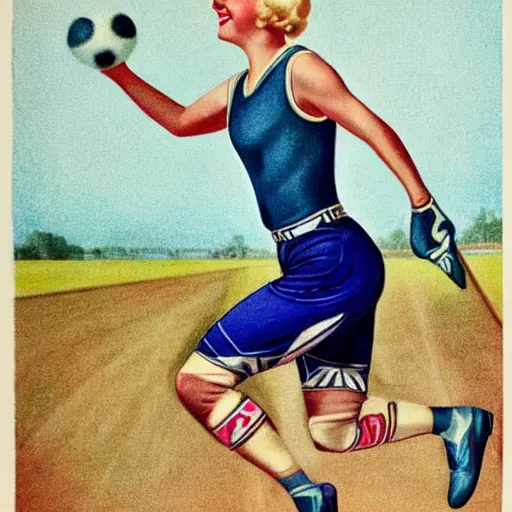 Image similar to a 1 9 3 0 s color portrait. happy, healthy, beautiful, smiling, young, sporty, blonde, blue - eyed woman in decent athletic wear. hyper - realistic detailed drawing