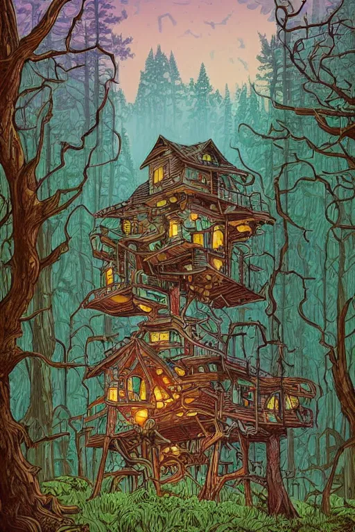 Image similar to a ramshackle multistory fairytale hut in the forest by Dan Mumford