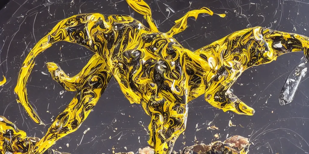 Prompt: abstract composition representing a panther created by a mixture of pistachio ice cream, black marble, dandelions and coca cola being thrown around by centrifugal forces, brilliant museum sculpture, award winning photo, 4k