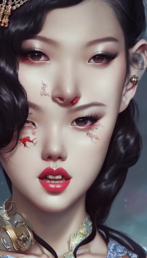 Image similar to a pin up and beautiful fashion and charming and dreamlke asian girl, lv jewelry, art by artgerm & jeehyung lee & wlop, hyperdetailed, 8 k realistic, symmetrical, frostbite 3 engine, cryengine, dof, trending on artstation, digital art