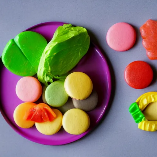 Prompt: a plate of macarons with lettuce, tomato and pickle inside, next to candy gummy plasticine french fries