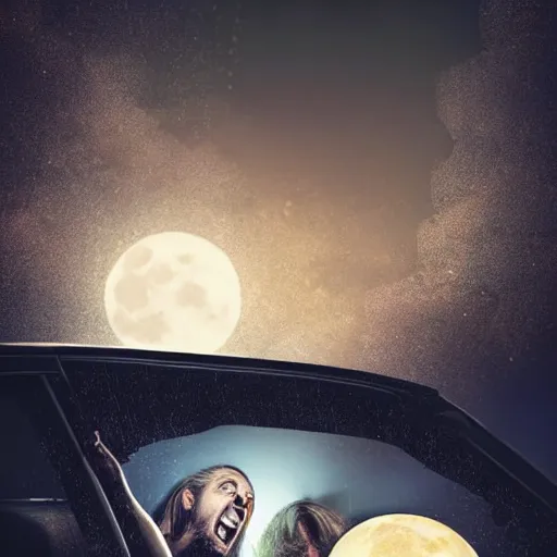 Prompt: Horrifyingly devastated man and woman hiding inside of a car while a werewolf howls at the moon outside